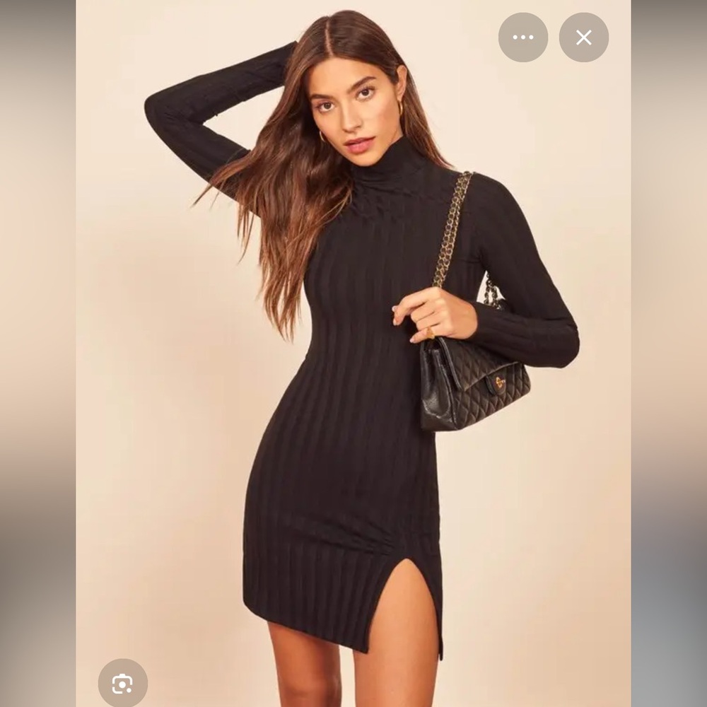 Reformation Library Black Ribbed Long Sleeve Mini Dress with Side Slit
